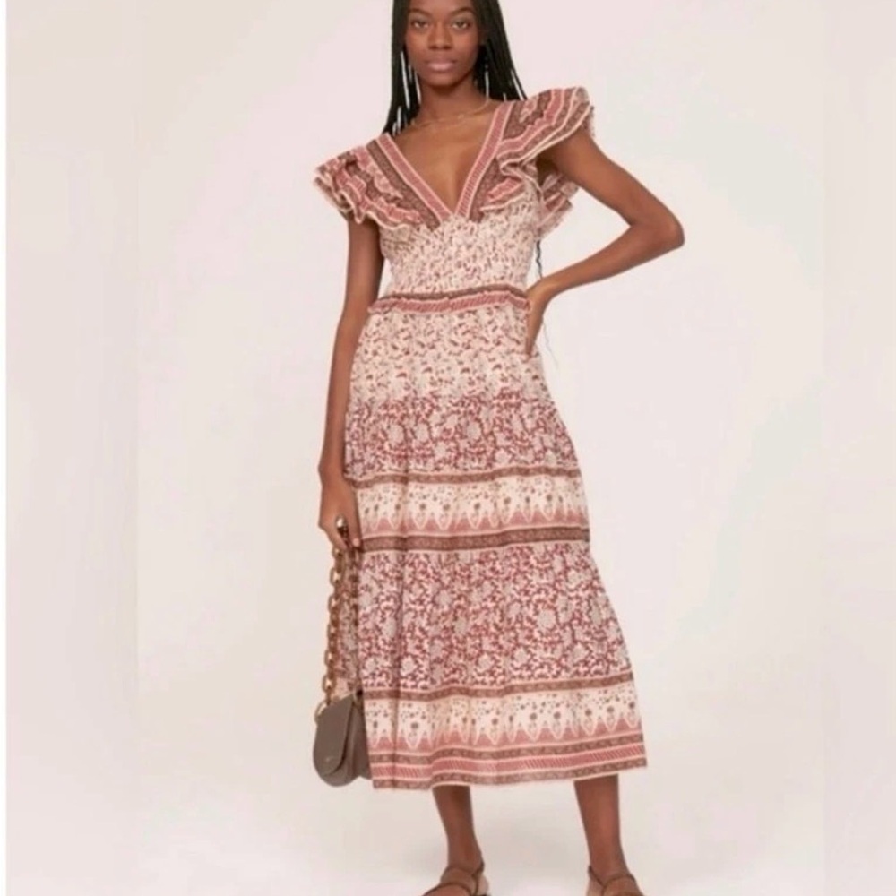 Sea New York Ivette flutter sleeve smocked midi dress cream brown sz 6